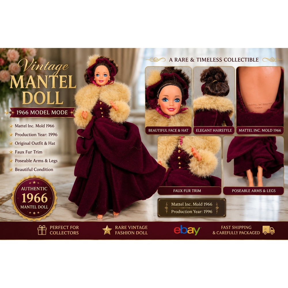 Vintage Mattel Mantel Doll 1996 Burgundy Velvet Faux Fur Victorian 1966 Mold
